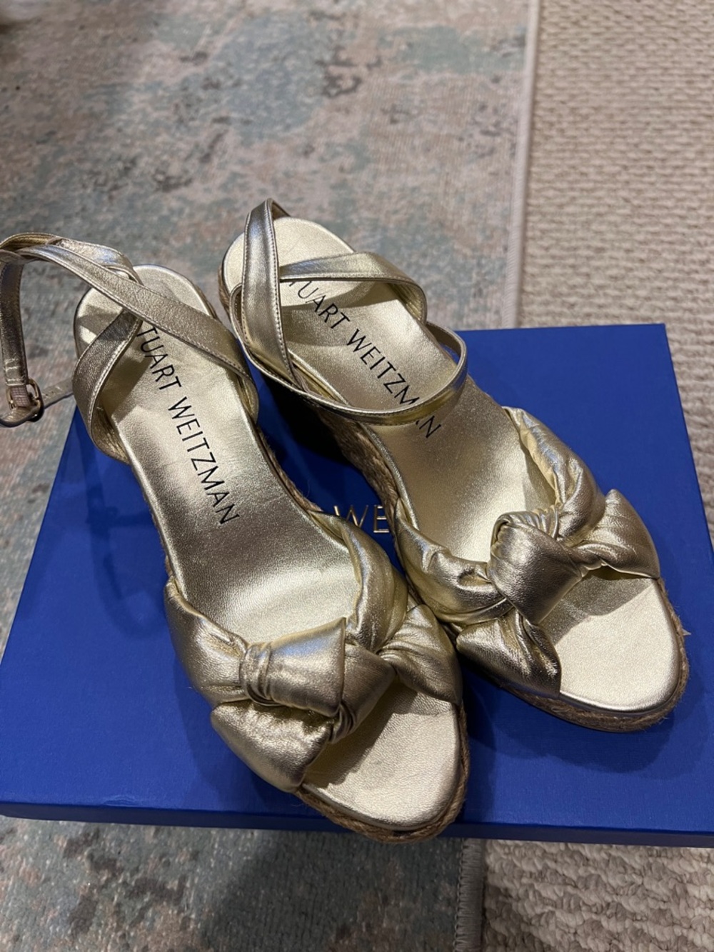 Stuart Weitzman Metallic Gold Knotted Ankle-Strap Heels - Picture 2 of 5